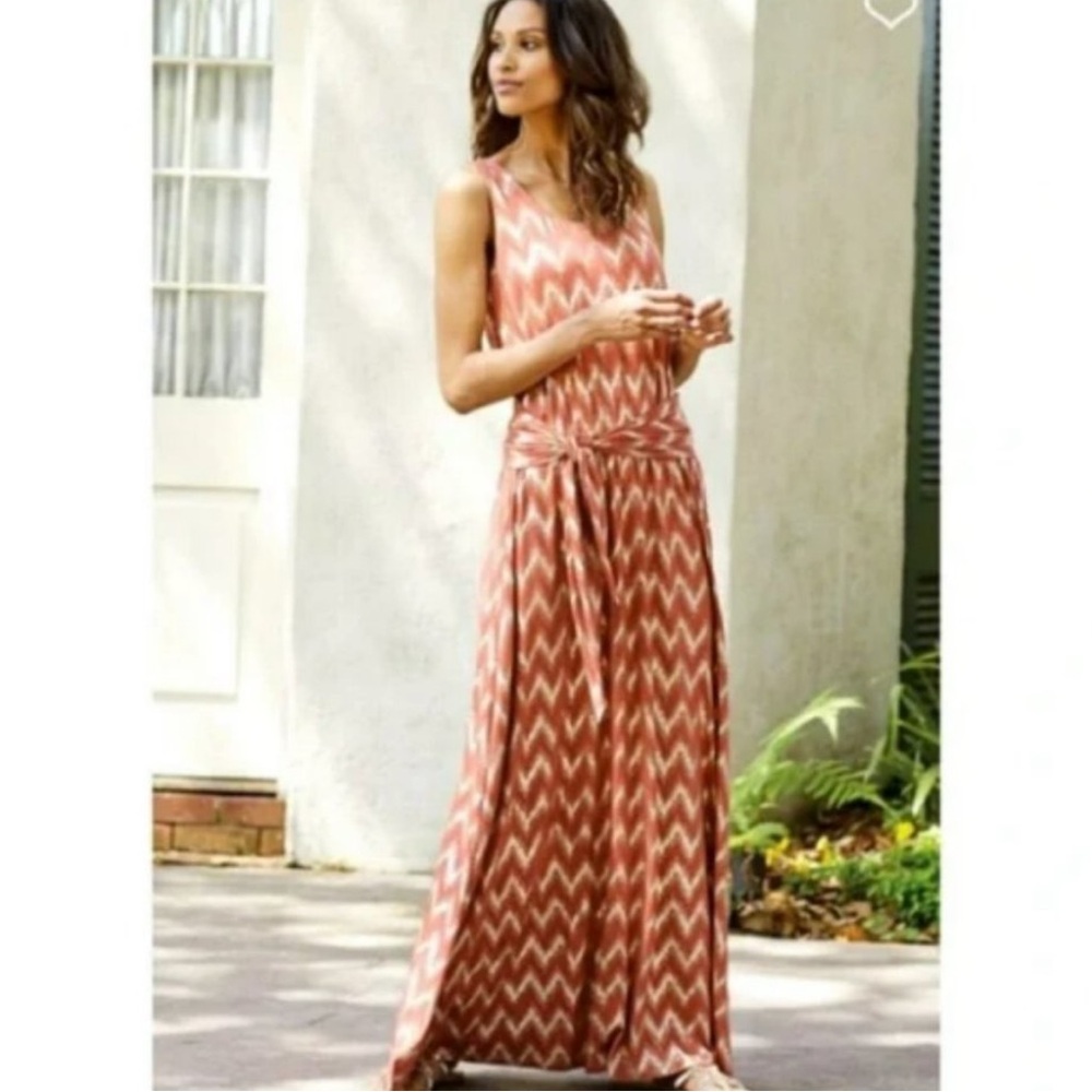 Soft Surroundings Rayon Salmon Metallic Gold Alessandra Chevron Dress NWT XS